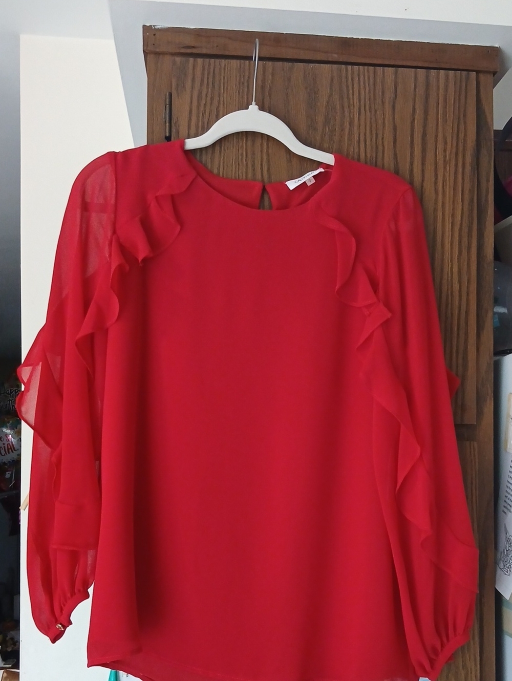 2. Calvin Klein Red Ruffle Sleeve Blouse